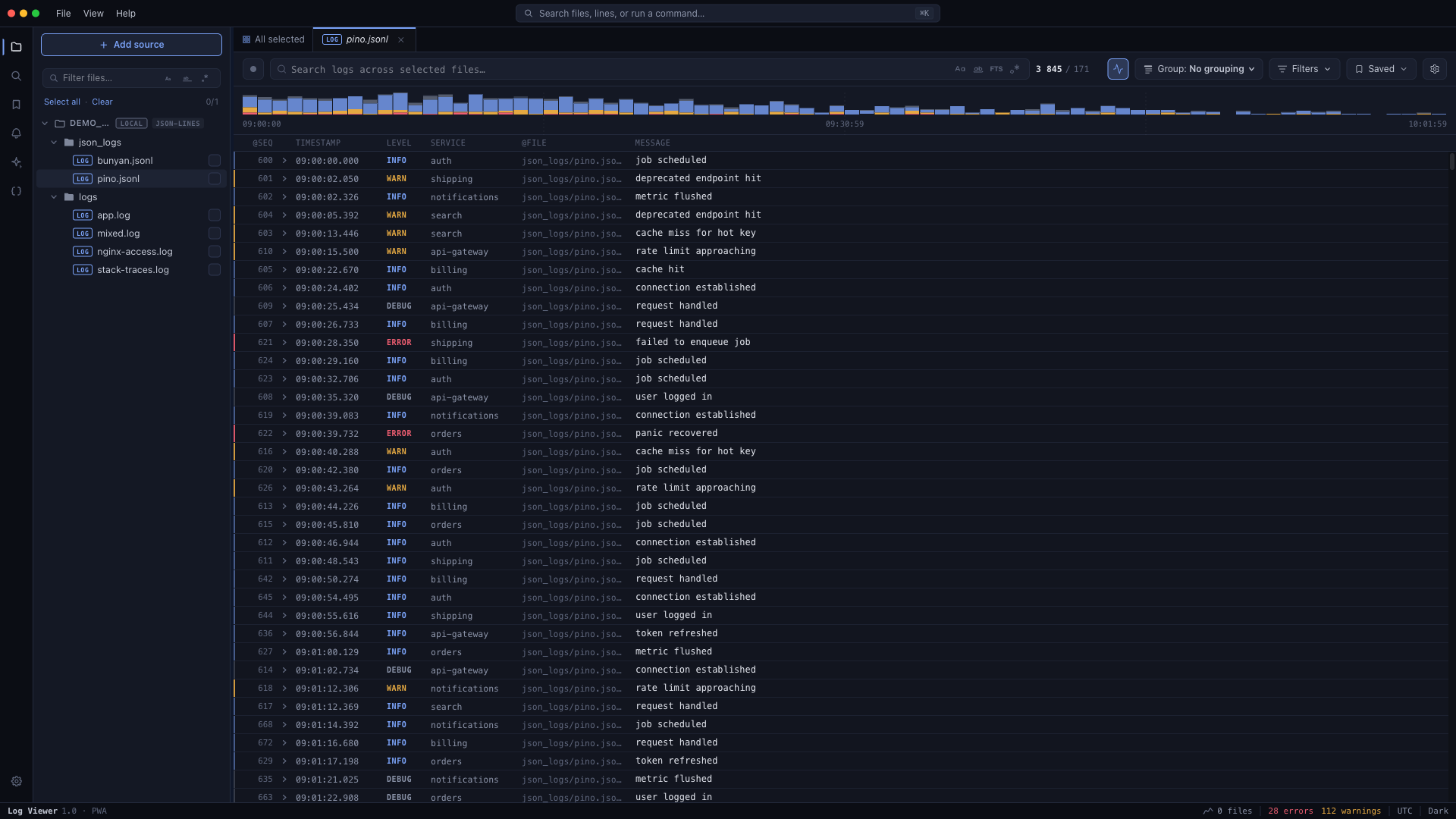 Скриншот Log Viewer: открыт pino.jsonl, виден таймлайн, virtual scroll и колонки @seq / timestamp / level / service / @file / message.